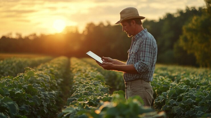 PSD landwirt benutzt tablette auf dem sonnenuntergangsfeld