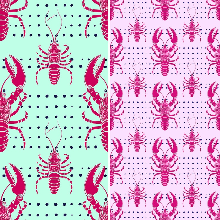 PSD langosta con textura roja y diseño de mariscos con diseños de patrones vectoriales de ilustración polka dot p