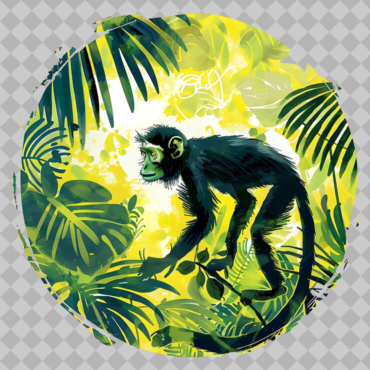 PSD langur dentro de una hoja de círculo de silueta adornada con una cerca png acuarela colecciones de vida silvestre