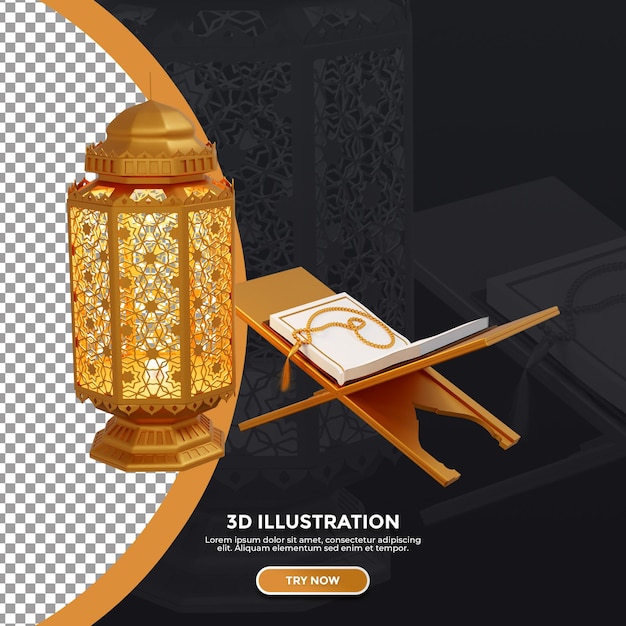 Lanterna de modelagem de renderização 3D e Alcorão na cor dourada