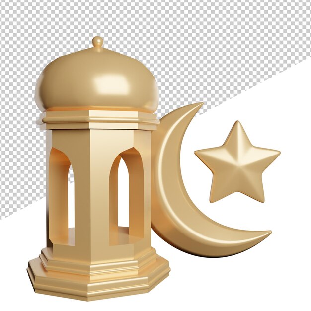 Lanterna ramadã estrela de ouro lua vista frontal ícone de renderização de ilustração 3d com fundo transparente
