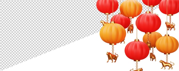 Lanterne cinesi 3D con tigre dorata appendere e copiare lo spazio su sfondo bianco Png. Banner o design di intestazione.