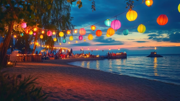 PSD lanterne colorate illuminano una festa sulla spiaggia al tramonto