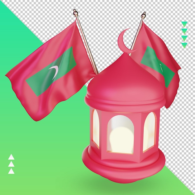 PSD lanterne du ramadan 3d drapeau des maldives rendu vue droite