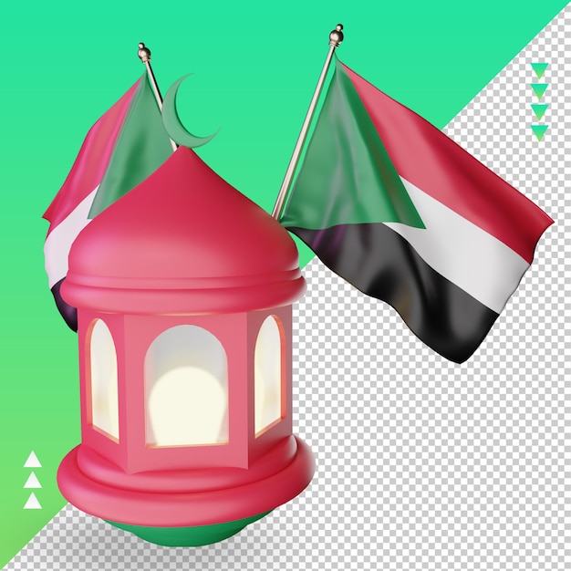 lanterne ramadan 3d, drapeau soudanais, rendu, vue gauche