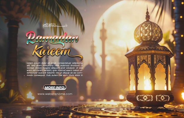 lanterne réaliste avec image de mosquée d'arrière-plan d'affiche pour le modèle de conception islamique Eid al Fitr