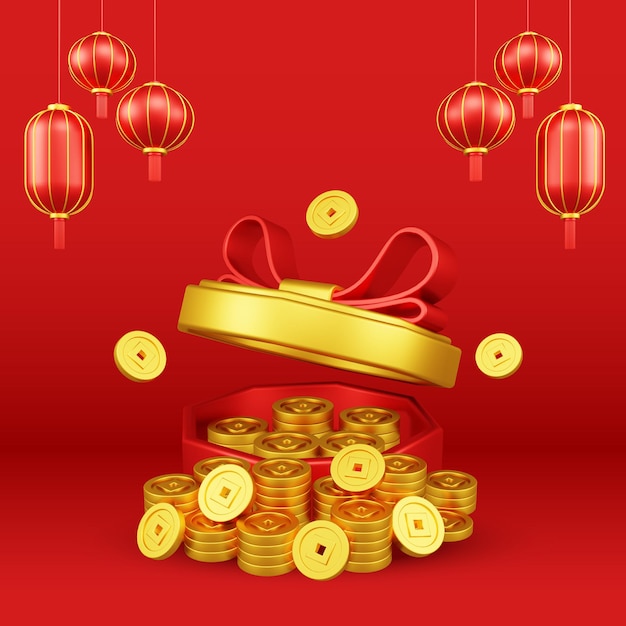 Lanternes Rouges Du Festival Chinois Avec Des Pièces De Monnaie De Boîte-cadeau Et Des Lampes En Papier Asiatiques Illustration 3d