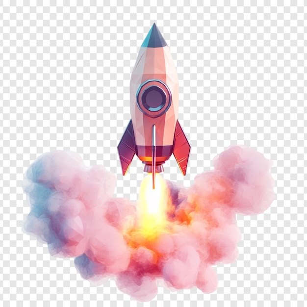 Lanzamiento de cohete poligonal Una representación en 3D de un cohete LowPoly que asciende a través del humo rosa y naranja que simboliza el progreso de la innovación y los nuevos comienzos