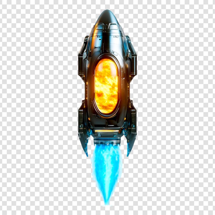 PSD lanzamiento de cohetes futuristas motor ardiente escape azul viaje espacial