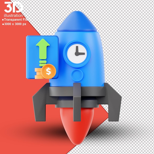 Lanzamiento de cohetes Gestión del tiempo 3D sobre fondo aislado