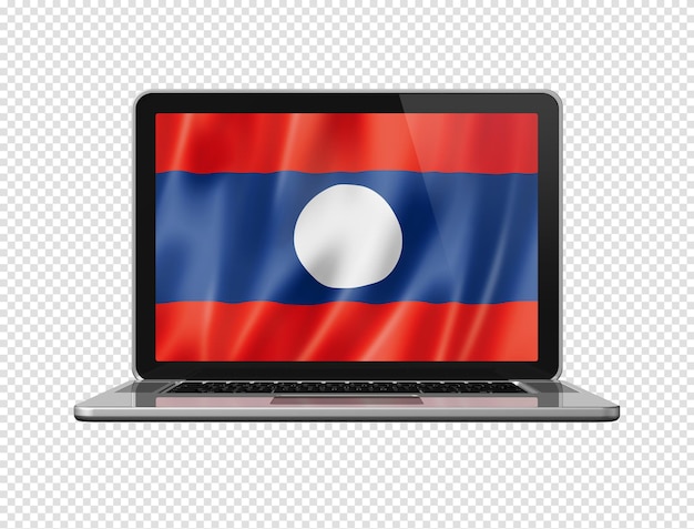 Laos bandera en la pantalla del portátil aislado en blanco ilustración 3D