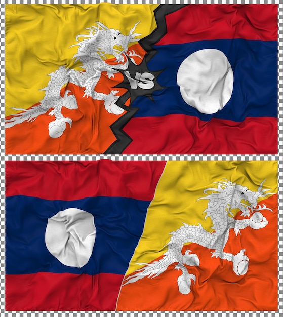 Laos contra Bután Media bandera combinada con textura 3D de la tela