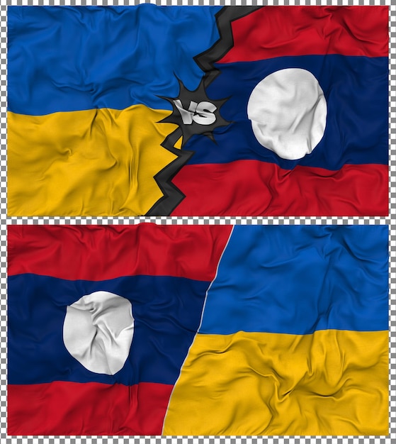 Laos contra Ucrania Media bandera combinada con textura 3D de la tela