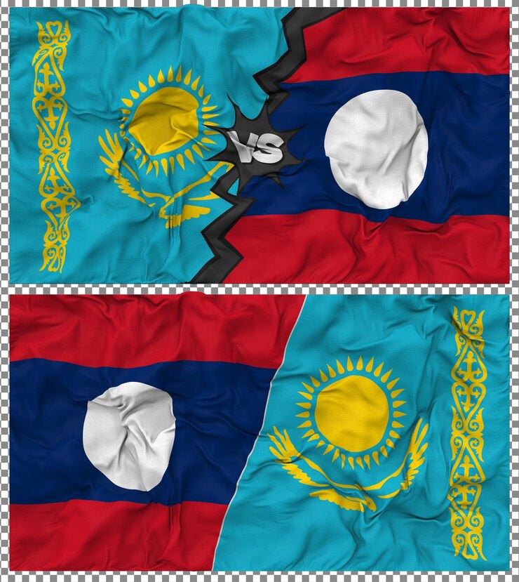 PSD laos gegen kasachstan halbkombinierte flagge stoff bump textur 3d-rendering