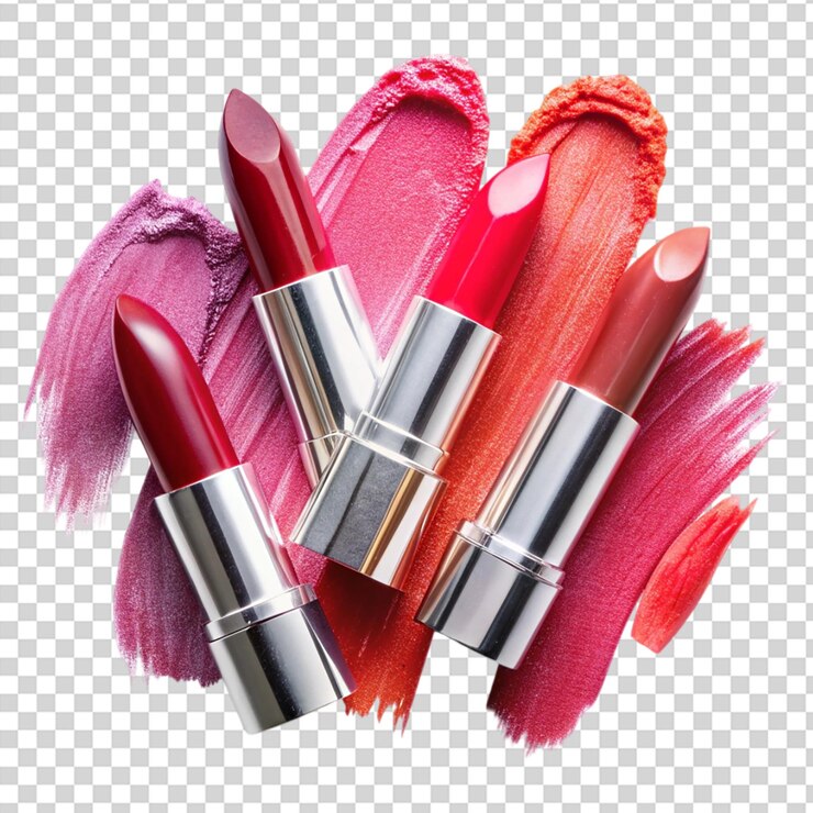 PSD los lápices labiales de diferentes colores se muestran en la parte delantera sobre un fondo transparente