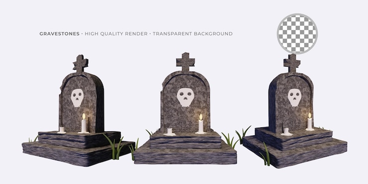 PSD lápide de halloween de ativo 3d com luz de velas em 3 ângulos diferentes