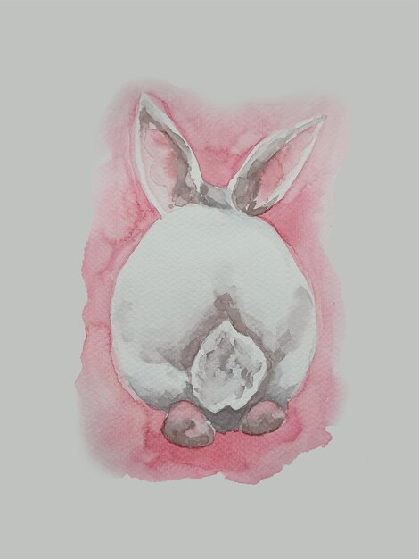 PSD lapin blanc aquarelle avec queue pelucheuse sur fond rose