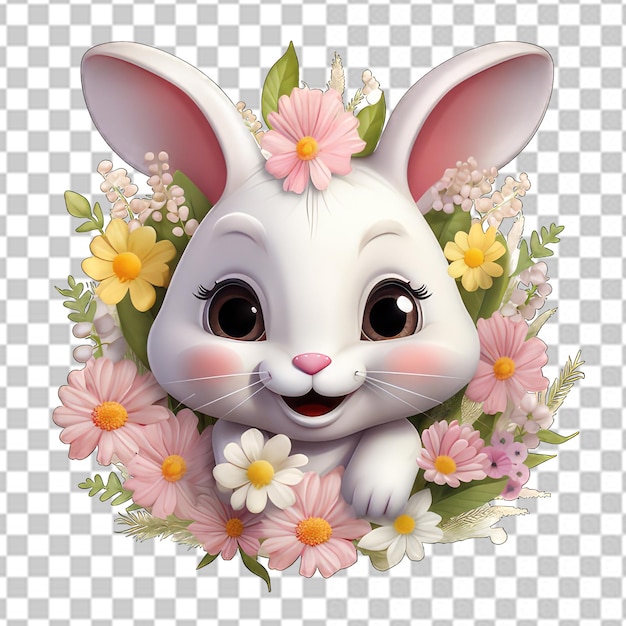 PSD lapin blanc avec des fleurs assis en png