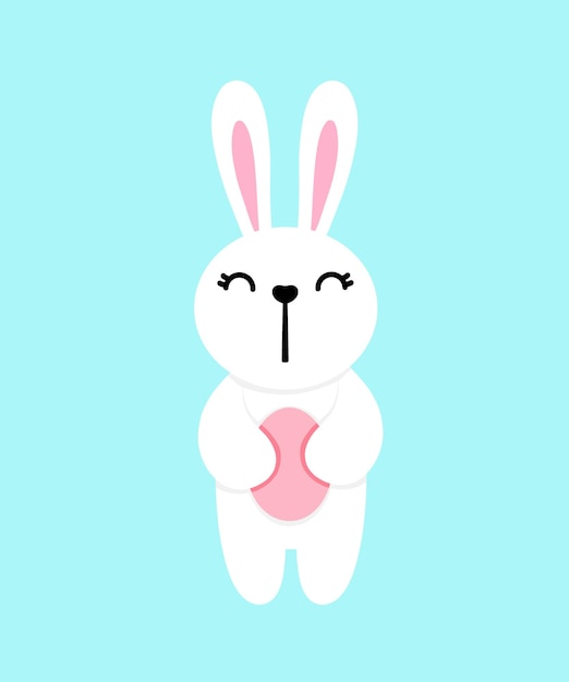Un lapin blanc avec un œuf dans les mains.