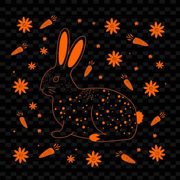 PSD un lapin avec des fleurs d'orange sur un fond noir