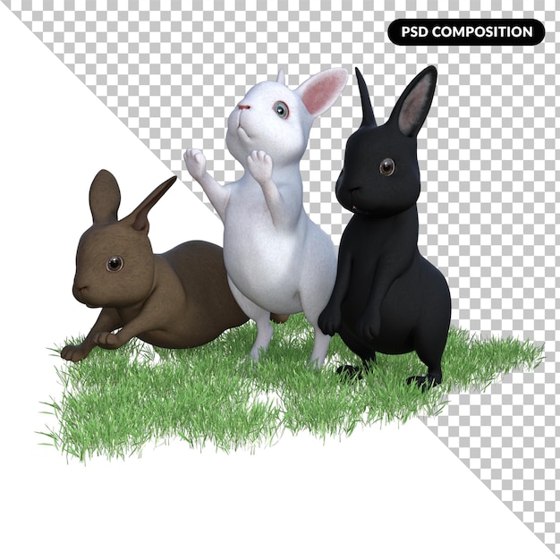 PSD lapin sur herbe isolé en 3d