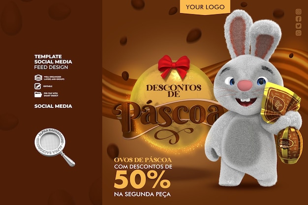 PSD lapin de pâques blanc avec des éléments décoratifs en chocolat psd premium