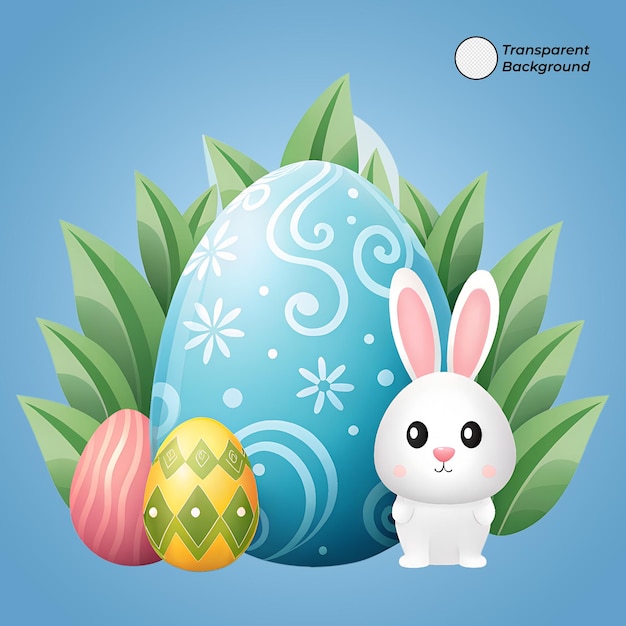 Le lapin de Pâques avec des œufs décorés et des feuilles vertes