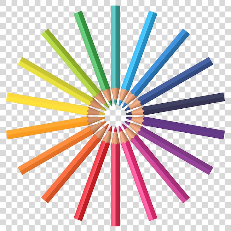 PSD lápis de cor de madeira sobre fundo branco dispostos em círculo 3d render ilustração