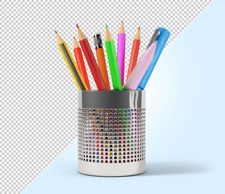 PSD lápis e canetas coloridos em um suporte de lápis prateado 3d mockup