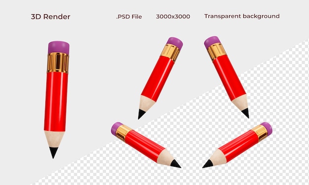 PSD lápis em 5 ângulos isolados na renderização 3d de fundo transparente