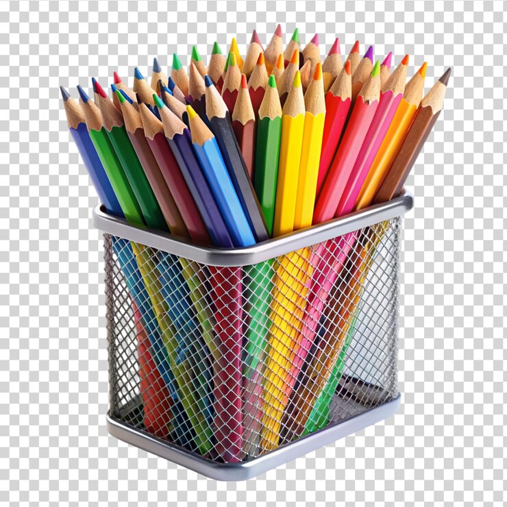 PSD lápiz de colores en caja de lápiz de metal aislado sobre un fondo transparente