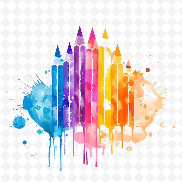 PSD lápiz de colores png con diseño de acuarela con una serie de diseños creativos de arte de contorno