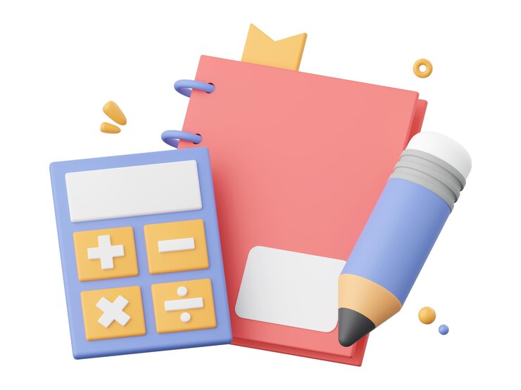 Lápiz de cuaderno y calculadora elementos de ilustración 3D de los suministros escolares
