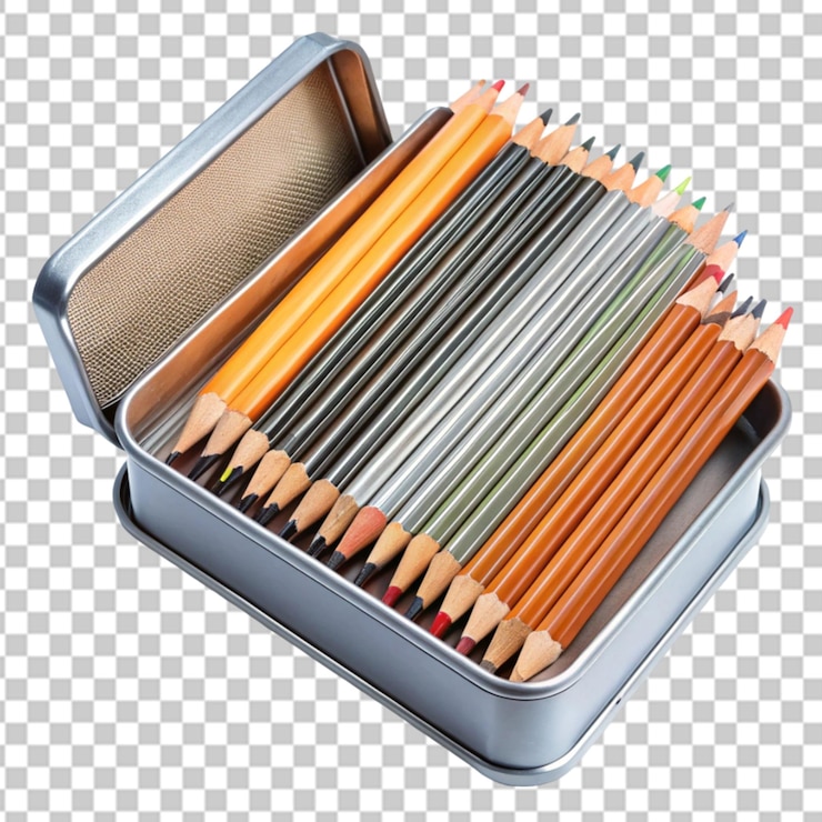 PSD lápiz hecho de grafito en una caja de metal en fondo png en fondo blanco