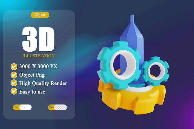 PSD lápiz de ilustración 3d y engranaje 2