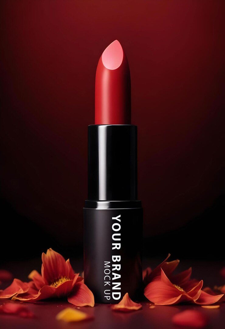 PSD un lápiz labial rojo con un brillo de labios negro