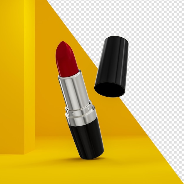 Lápiz labial rojo en un estuche de plata negra para lápiz labial como elemento de maquillaje en un cierre de fondo aislado