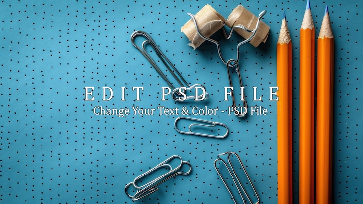 PSD lápiz naranja, clips y un rollo de papel en una superficie azul