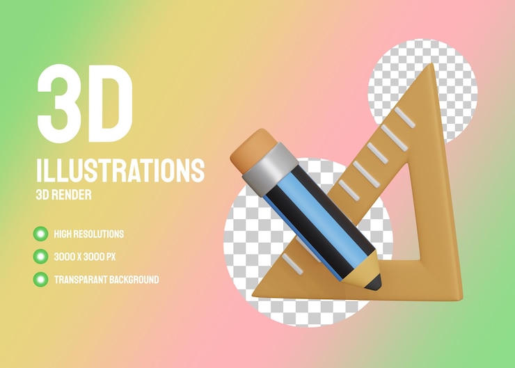 PSD lápiz y regla triangular ilustración 3d