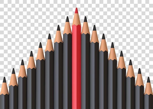 PSD lápiz rojo sobresaliendo de la multitud de compañeros negros idénticos en una mesa blanca renderizado en 3d