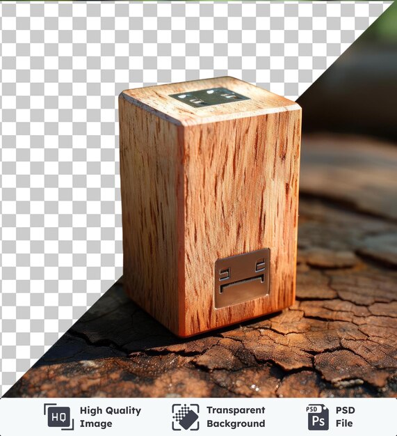 PSD laps de temps d'un cube en bois avec une horloge sur le dessus entouré d'une fenêtre floue et d'une boîte en bois à l'ombre noire au premier plan