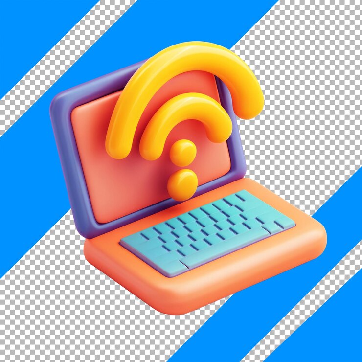 PSD laptop 3d colorido con símbolo de conexión inalámbrica en fondo de rayas azules