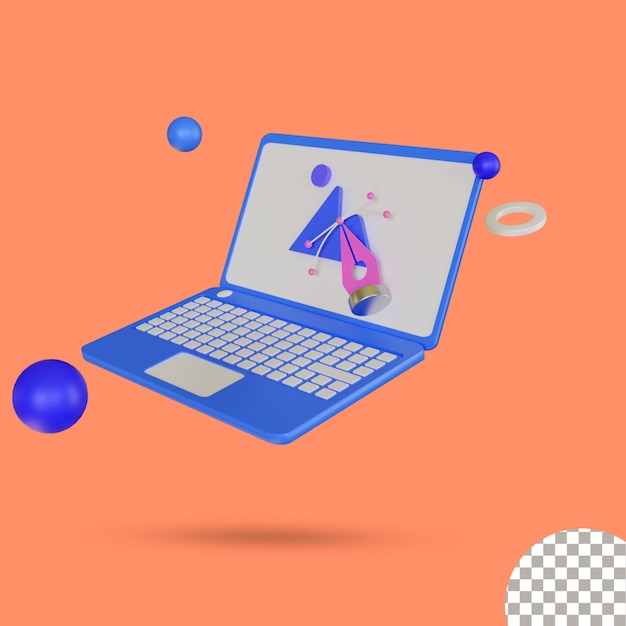 laptop 3d com ilustração 3d de marketing digital
