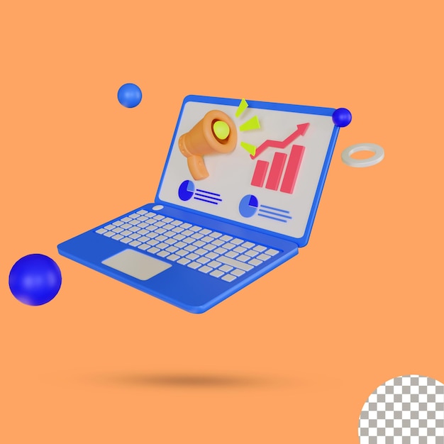 Laptop 3d com ilustração 3d de marketing digital