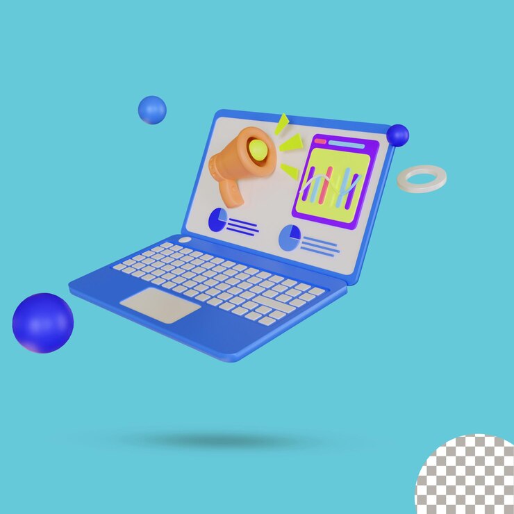 PSD laptop 3d com ilustração 3d de marketing digital
