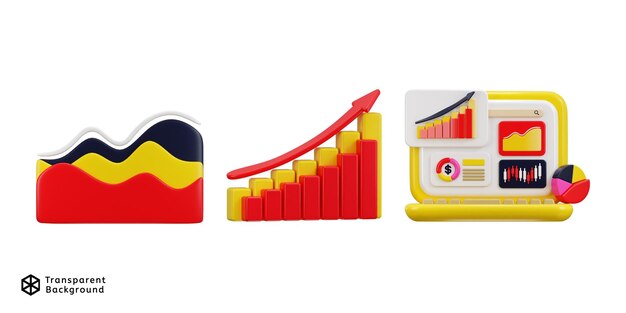 Laptop 3D con gráfico de velas gráfico de pie gráfico de área gráfico y gráfico conjunto de iconos concepto de análisis de datos