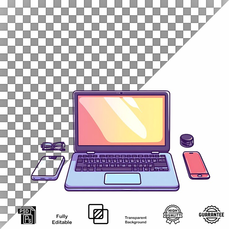 PSD laptop con accesorios arte de clip plano simple de alta calidad psd editable