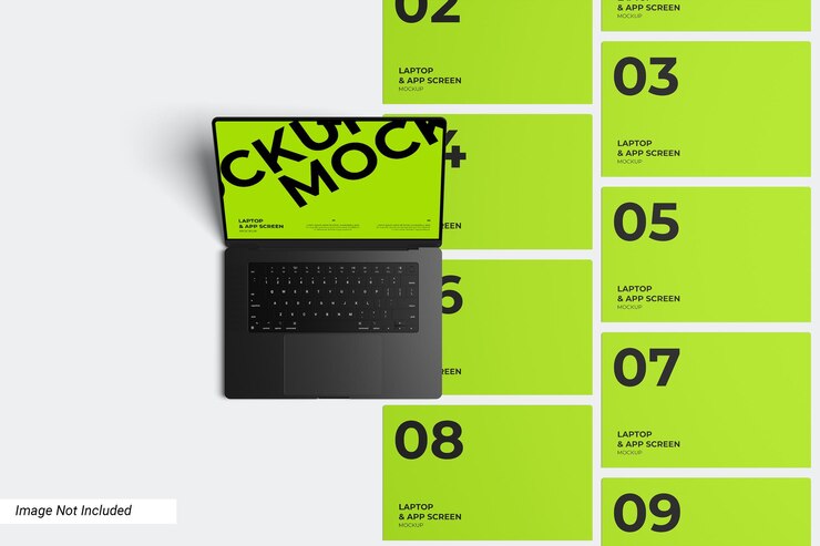 PSD laptop and app screen mockup top view