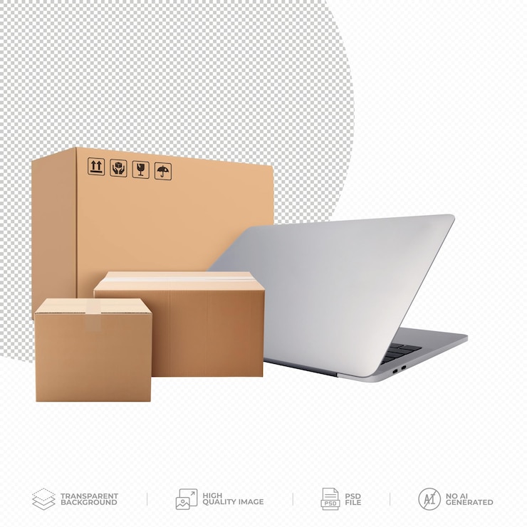 PSD laptop and cardboard boxes on transparent background psd