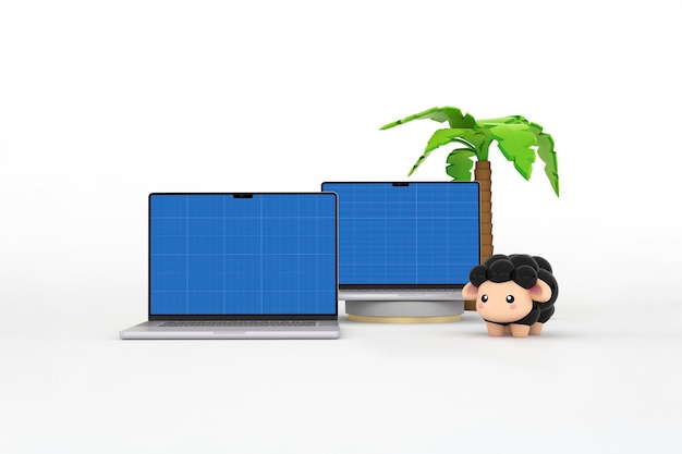 Laptop and desktop computer with sheep and palm tree